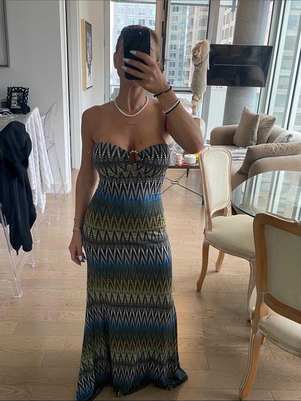 Strapless Geo-Print Maxi Dress in Blue/Green